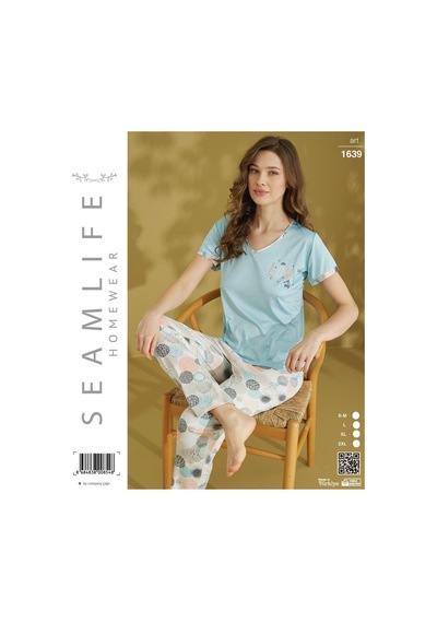 Seamlife Kadın Extra Yumuşak %100 Pamuk V Yaka Milan Kısa Kollu Pijama Takımı Turkuaz