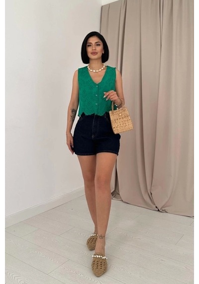 Defymoda Yeşil Sıfır Kol Brode Bluz Yeşil
