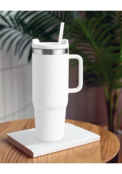 Beyaz Paslanmaz Çelik Termos Pipetli 1200ml