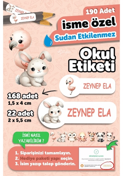 Okul Etiketi Kalem Defter İsimli Etiket Isim Yazılabilen Tatlı Hayvanlar - 190 Adet Özel Tasarım Çok Renkli