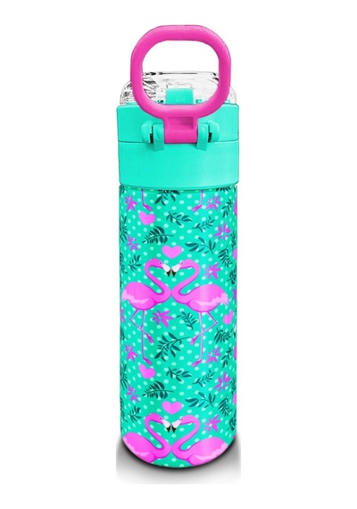 Coral High Kids Su Yeşili Pembe Flamingo Desenli Pipetli Ve Direkt İçim Çelik Termos 500 Ml 31926 Su Yeşili - Pembe