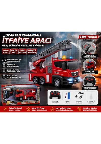 Uzaktan Kumandalı Şarjlı İtfaiye Aracı 6 Kanal Rc Merdivenli İtfaiye Kamyonu Işıklı Sesli Döner Merdivenli
