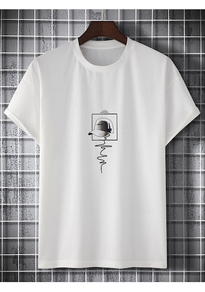 Flood Of Style Erkek Beyaz Men Hat Baskılı Oversze Bisisklet Yaka Tişört