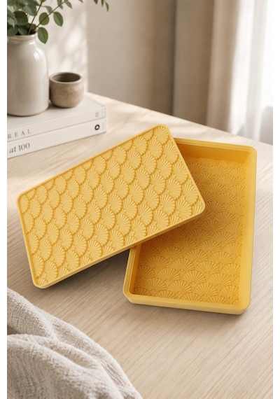 Desenli Kapaklı Dekoratif Kutu Masa Üstü Organizer Takı Aksesuar Saklama Kutusu Pla 20x12.5 Cm Sarı