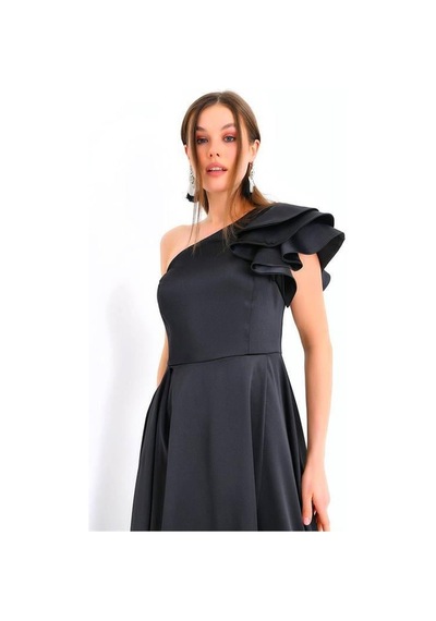 Dip Moda Kadın Siyah İthal Kumaş Saten Abiye Elbise Dpnbswll10 Siyah