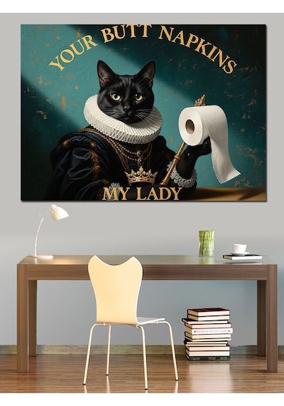 Ahşap Tablo Tuvalet Kağıtlı Siyah Kedi Portresi