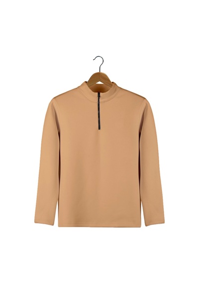 Terapi Men Erkek Bej Yarım Fermuarlı Basic Düz Sweatshirt Bej