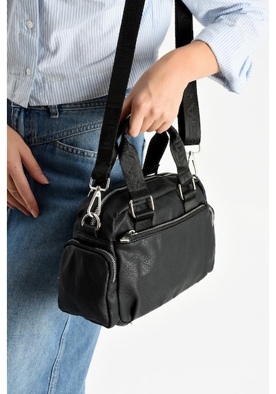 Suni Deri Kadın Omuz Çantası 25 17 Cm Çapraz Askılı Postacı Çanta Mega Bag Vegan Deri Kol Çantası Siyah