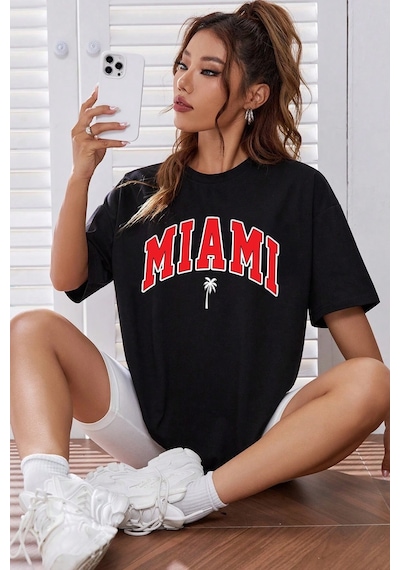 Unisex Miami Baskılı Tasarım Tshirt Siyah