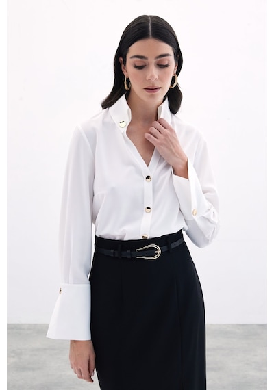 Sateen Çıt Çıt Detaylı Gömlek - Ekru-135828 Ekru