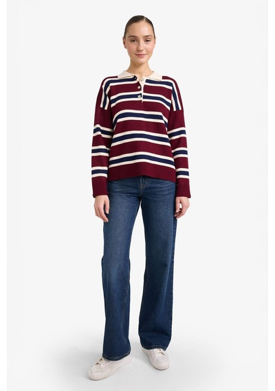 Defacto Oversize Geniş Kalıp Polo Yaka Çizgili Kazak G7178ax25wnbr467 Bordo-br467