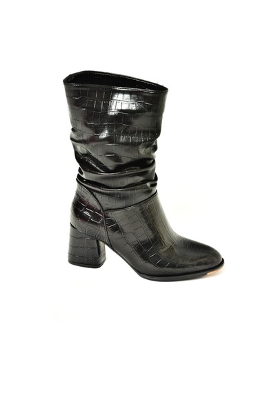 Fox Shoes T848243011 Siyah Kroko Baskı Kalın Topuklu Kadın Bot Siyah-Kroko Baskı Siyah