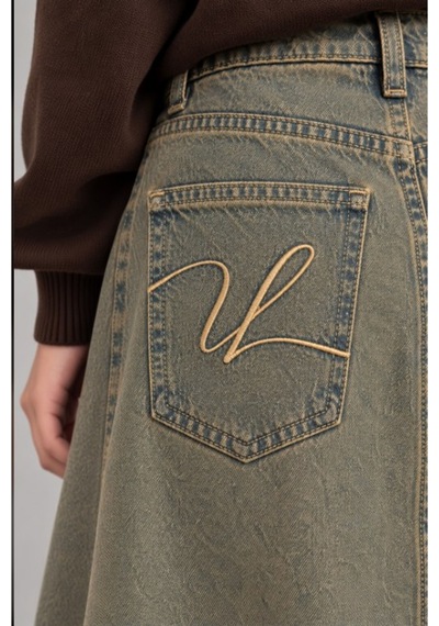Vellichor Vintage Eskitme Nakışlı Uzun Kot Etek Çok Renkli