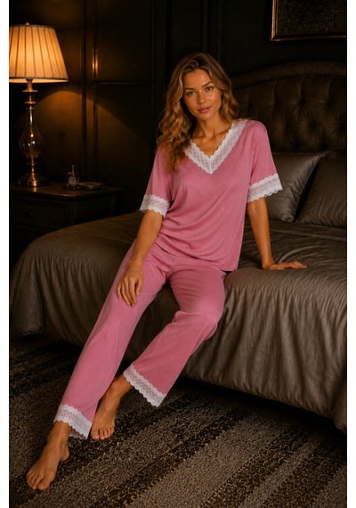 Elitol Fitilli Örme Dantel Detaylı Kadın Pijama Takımı Pembe-6