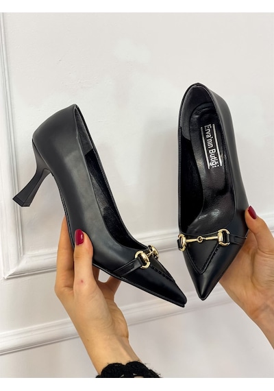 Ervanın Butiği Siyah Cilt (MossCross) Toka Detay Kadın Stiletto Siyah