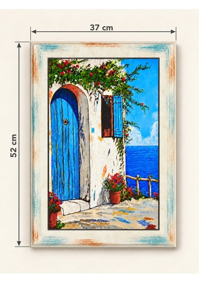 Ahşap Eskitme Yağlı Boya Desenli Sahil Evi Deniz Manzaralı Dekoratif Ahşap Tablo 37x52 Cm