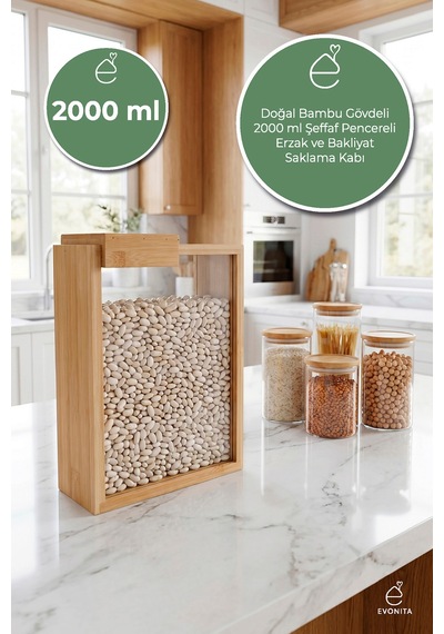 2000 Ml Bambu Kapaklı Erzak Kabı Bakliyat Saklama Kabı Mutfak Organizer Tekli Saklama Kutusu Kahverengi
