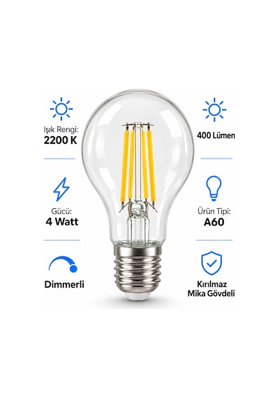 A60 Dimmerli Rustik Gün Işığı 2200k Amber Led Ampul Filament E27 Duylu Filamanlı Edison Ampül 1 Ad