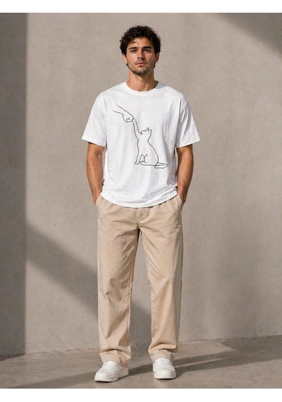 Erkek Minimal Kedi Çizim Baskılı Tişört Kısa Kol Yazlık T-shirt - Beyaz Çok Renkli
