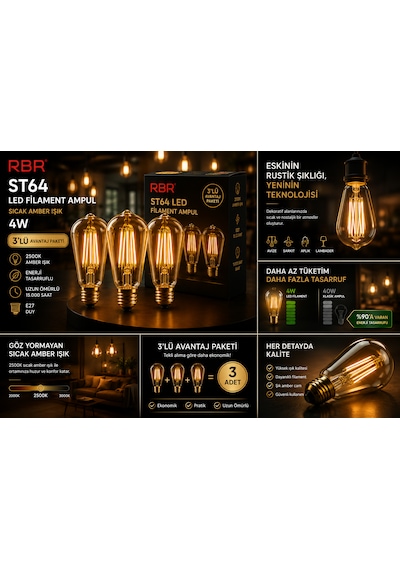 Rbr St64 Led Filament Armut Ampul E27 4w 2500k Amber Rustik 3 Lü Paket 3'Lü Paket