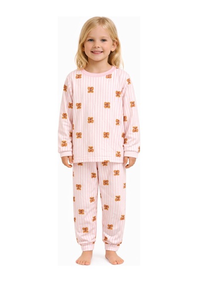 Pembe Çizgili Ayıcık Temalı Kız Çocuk Pijama Takımı