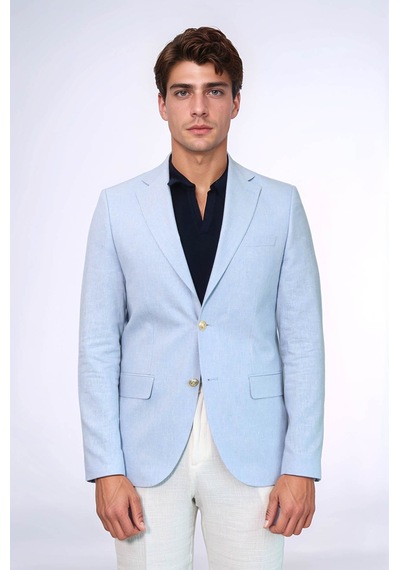 Açık Mavi Keten Dokulu Gold Renk Metal Düğmeli Slim Fit Erkek Blazer Ceket - Wessi Blue
