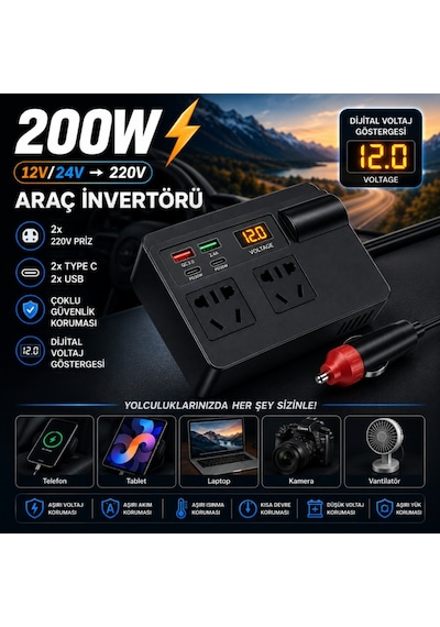 Polham 200w Araç İnvertörü 12v/24v 220v 2 Priz 2x Usb-c 2x Usb Qc 3.0 Dijital Ekranlı Şarj Güç Çoğaltıcı
