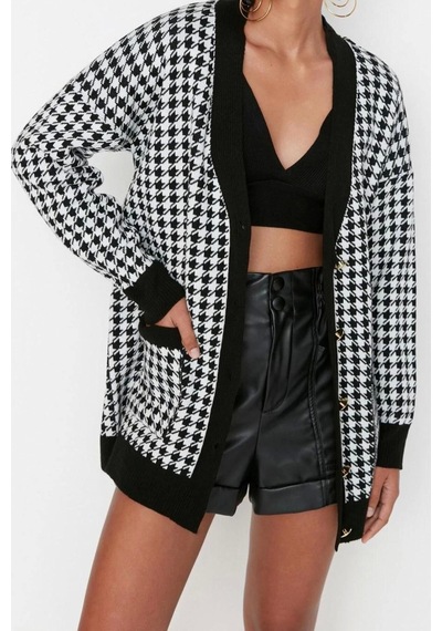 Ersefa Kadın Modern Tarz Oversize V Yaka Midi Triko Hırka Siyah