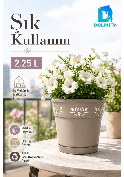 2,25 L Dekoratif Alt Tabaklı Plastik Saksı Çiçek Motifli Karışık Renk