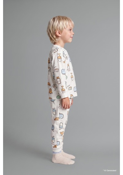 Defacto Baskılı Uzun Kollu Üst Elastik Bel Alt 2li Pijama Takımı Erkek Bebek H6539a526auer233 Ekru-er233