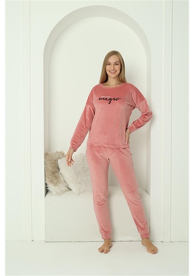 Akbeniz Kadın Kadife Pembe Pijama Takım 20624 - L Pembe