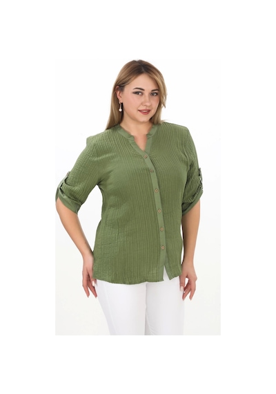 Lady Majestic %100 Cotton Hakim Yaka Büyük Beden Kadın Müslim Kumaş Gömlek Haki