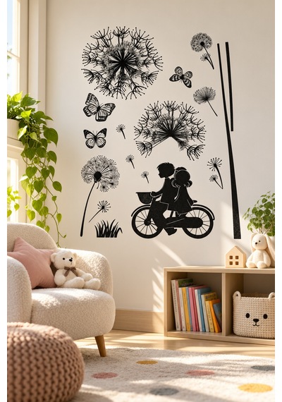3d Simli Bisikletli Çocuklar Duvar Stickerı 32x50 Cm Karahindiba Kelebekli Çocuk Odası Dekoru Renkli