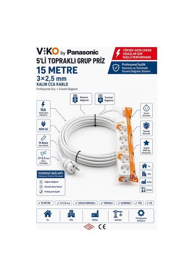 Viko Grup Priz 5'li, 15 Metre Uzatma Kablosu, 3x2.5 Kalın Cca Kablo - Premium Kalite, Çocuk Korumalı, Terminal Ve Klemens Bağlantılı 15 M