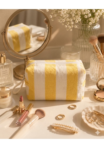 Faralyalife Çizgili Fermuarlı Taşıma Kulplu Makyaj Çantası 20x20 Cm %70 Pamuk %30 Polyester Kozmetik Kadın Makyaj Çantası