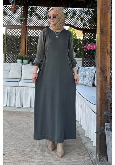 Rabia Şamlı Aslı Cupra Detaylı Triko Elbise Haki Normal