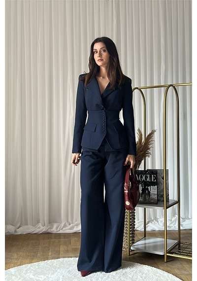 Üçlü Blazer Korse Pantolon Takım Lacivert