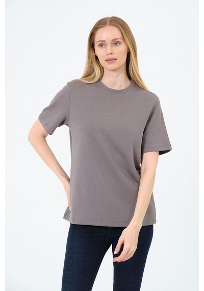 Kadın Bisiklet Yaka Kısa Kollu Basic T-shirt - İnterlok Kumaş Gri
