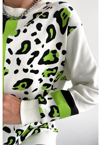 Femelle Kadın Leopar Desen Pamuk Sweatshirt Beyaz