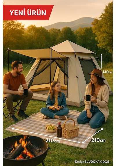 6 Kişilik Otomatik Kamp Çadırı Sineklikli & 3000 Mm Su Geçirmez Outdoor Çadır Bej
