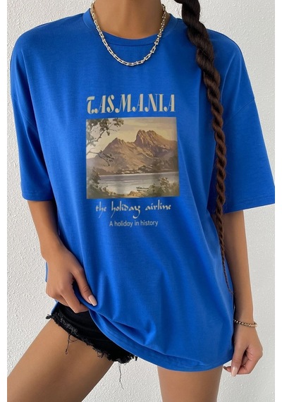 Uyguntarz Unisex Tasmania Baskılı T-shirt Mavi