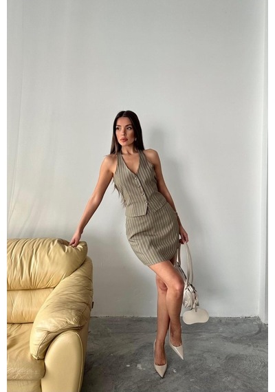 Moderie Butik Haki Çizgili Yelek Ve Etek Takım Haki