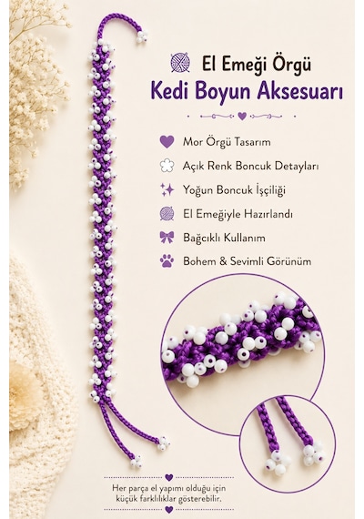 El Örgüsü Kedi Boyun Aksesuarı Mor Beyaz Boncuklu Bağcıklı El Yapımı Dekoratif Kedi Tasması