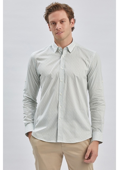 İmza Koyu Haki Kısalabilir Kol Baskılı Düğmeli Yaka Cepsiz %97 Pamuk %3 Elastane Klasik Slim Fit Gömlek 1004240116 Koyu Haki