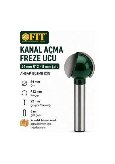 Ahşap Kanal Açma Freze Ucu 24 Mm R12 - 8 Mm Şaft