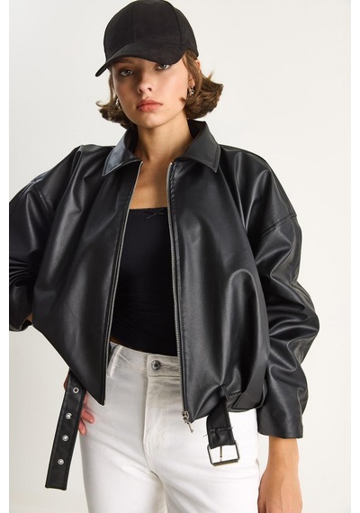 Shade Kadın Oversize Tokalı Deri Ceket 3137 60284058 - Siyah