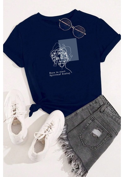 Unisex Minimal Line Drawing Baskılı Tasarım T-shirt Lacivert
