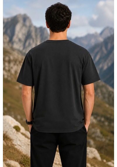 Tarzyeri Erkek Outdoor Pusula Dağ Baskılı Kısa Kollu Oversize T-shirt - Siyah