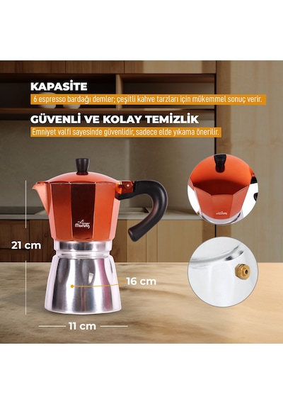 Any Morning Hes-6 Espresso Kahve Makinesi Alüminyum Moka Pot 240 Ml Bakır