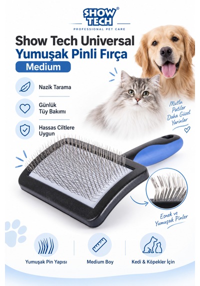 Showtech Universal Yumuşak Pinli Kedi Köpek Hassas Tarama Fırçası Orta Boy
